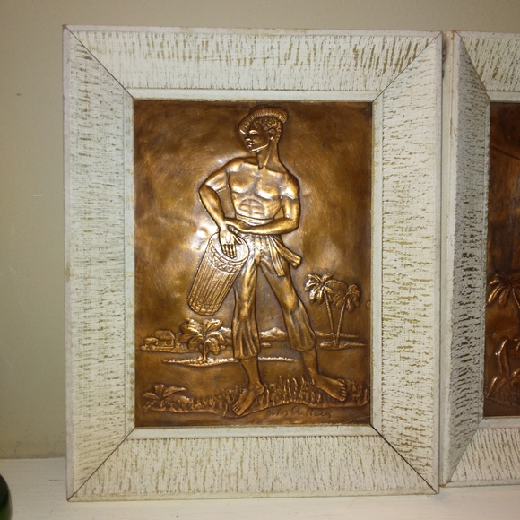 Mid Century Framed Embossed Press Copper Island Man and Woman Art Decor. - Picture 3 of 11